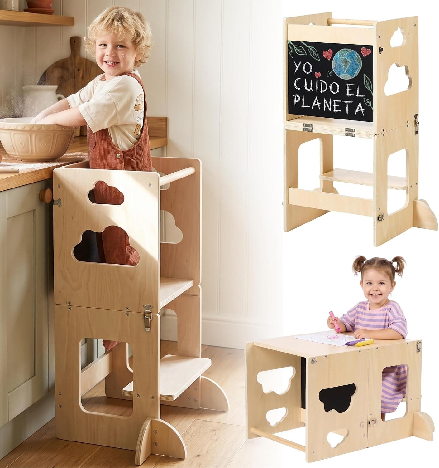 Torre de Aprendizaje Montessori Evolutiva 2 en 1 Madera Natural de Pino Regulable con Pizarra - Foto 1