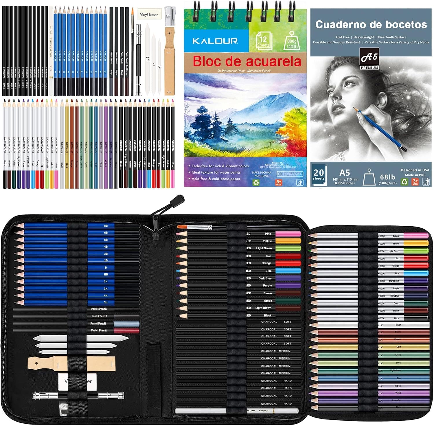 Maletín de Pintura y Dibujo de Madera Deluxe de 150 Piezas con Ceras, Lápices y Acuarelas
